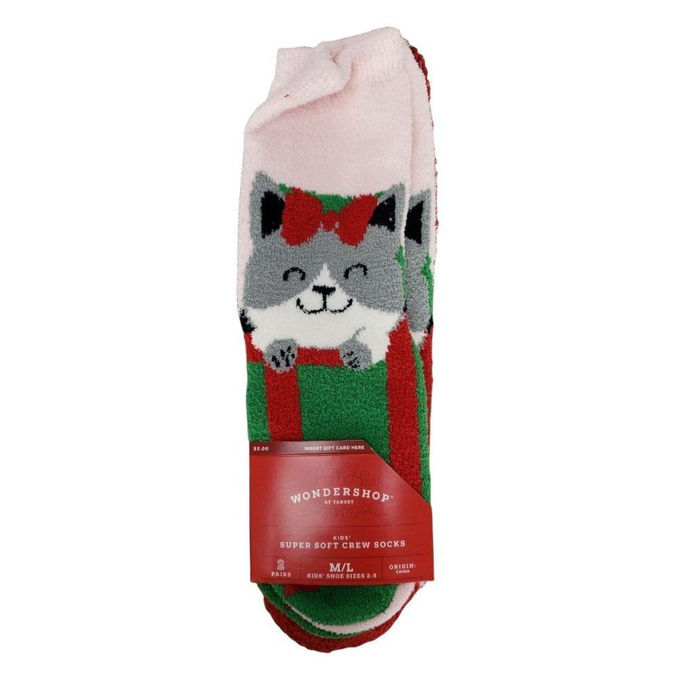 Wondershop Kids Super soft crew socks 2 pair M/L 2/5 Kitty Cat Polka Dot